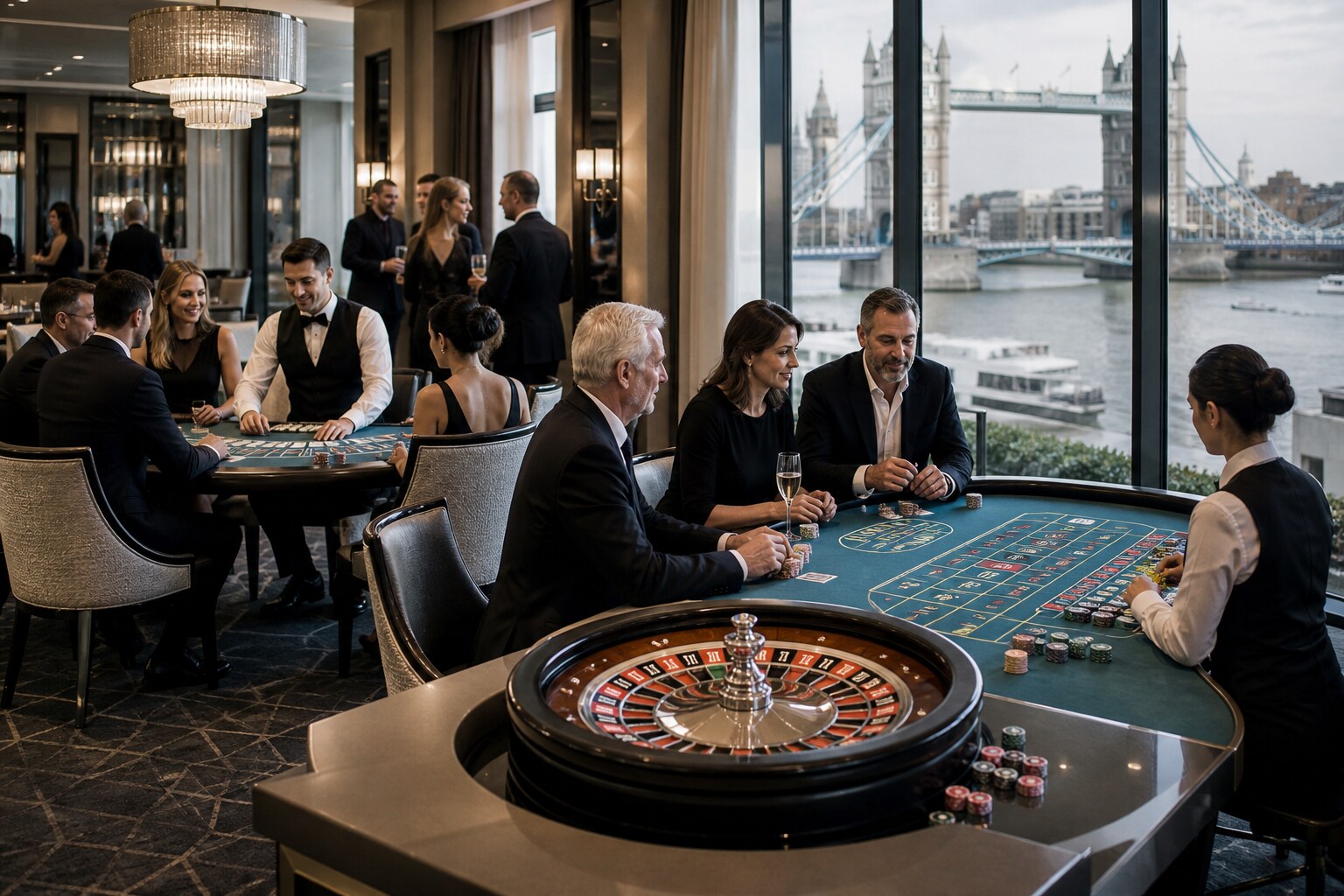 Guests enjoying the polished urban casino tables