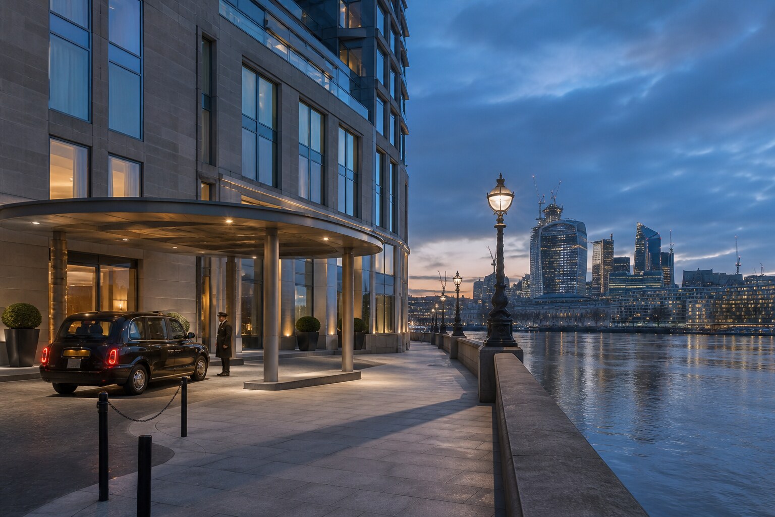 Thames Riverside Casino Hotel beside the river at dusk